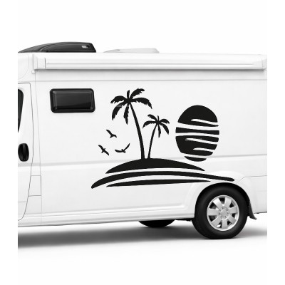 Palmiye ve Günbatımı Temalı Karavan Sticker - Kamp ve Doğa Çıkartması