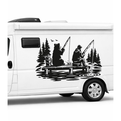 Ayı ve Balıkçı Karavan Sticker – Doğa Temalı Off Road, Karavan Çıkartma