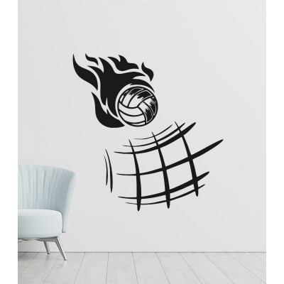 Voleybol Topu Alevli Duvar Sticker – Spor Temalı File Efektli Dekor