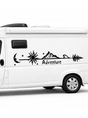 Yazı Tercihli Ay Güneş ve Dağ Manzaralı Macera Karavan Etiketi Yazı Tercihli Ay Güneş ve Dağ Manzaralı Macera Karavan Etiketi