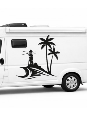Deniz Feneri ve Palmiye Karavan Sticker – Dalga Temalı Camper Araç Sticker