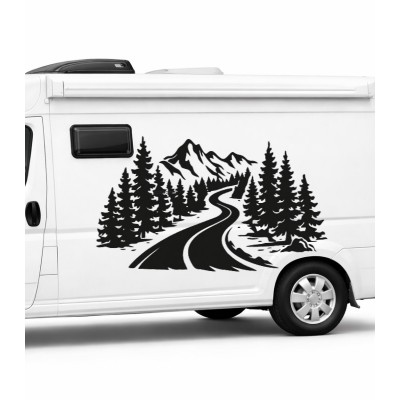 Yol Manzaralı Karavan Sticker: Dağ ve Orman Temalı Tasarım