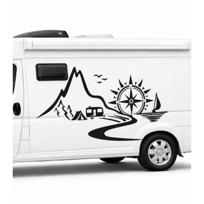 Karavan Dağ ve Pusula Sticker – Kamp, Deniz ve Yol Temalı Araç Sticker