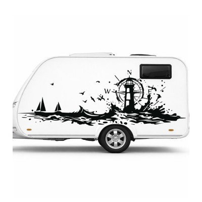 Deniz Feneri ve Pusula Karavan Sticker, Deniz Temalı Karavan Dekoru