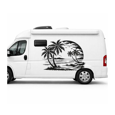 Palmiye Gün Batımı Karavan Sticker – Tropikal Sahil Manzara Araç Sticker
