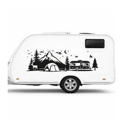 Karavan Kamp Manzara Sticker – Dağ, Çadır ve Karavan Silüeti Araç Sticker