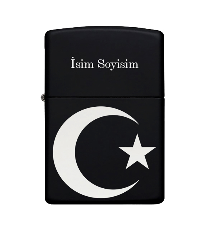 Ay Yıldız Desenli Kişiye Özel İsimli Zippo Çakmak Benzinli Siyah Metal  Çakmak 