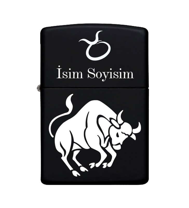 Boğa Burcu Desenli Kişiye Özel Burç İsimli Benzinli Siyah Metal Zippo Çakmak 