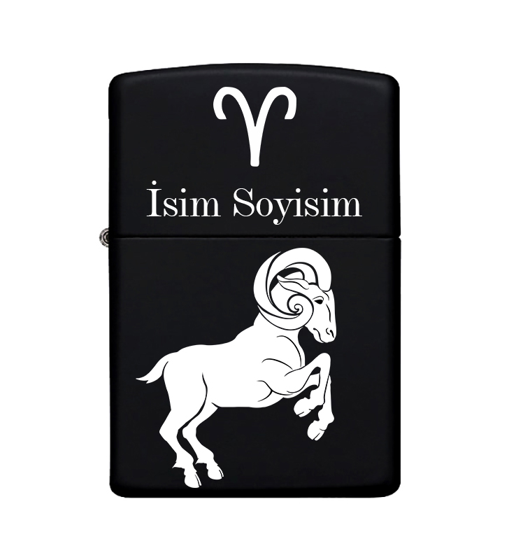  Koç Burcu Desenli Kişiye Özel Burç İsimli Benzinli Siyah Metal Zippo Çakmak 