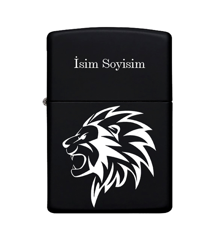 Aslan Desenli Kişiye Özel İsimli Metal Çakmak Benzinli Siyah Zippo Çakmak