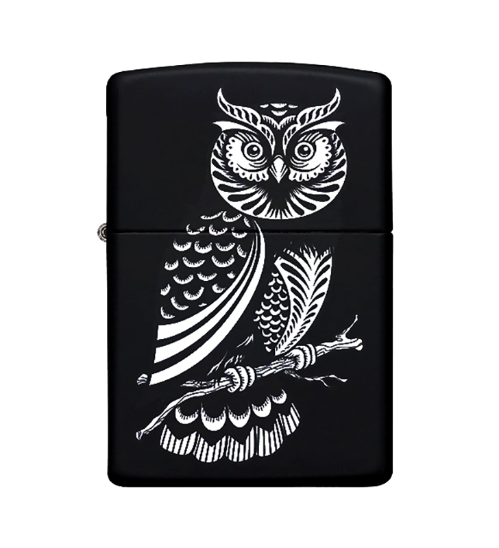 Baykuş Desenli Metal Çakmak Benzinli Siyah Zippo Çakmak