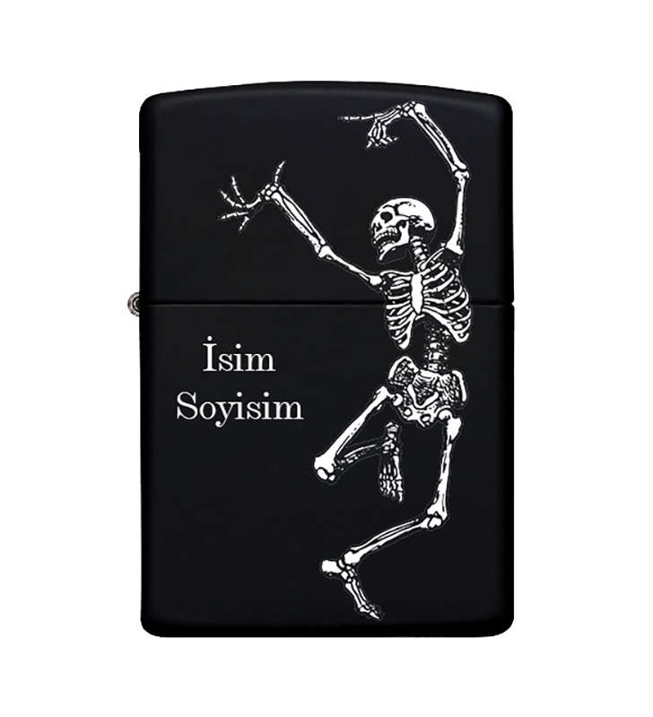 İskelet Desenli Kişiye Özel İsimli Zippo Çakmak Benzinli Siyah Metal Çakmak