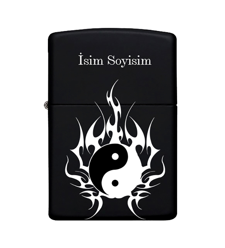 Ying Yang Desenli Kişiye Özel İsimli Metal Çakmak Benzinli Siyah Zippo Çakmak