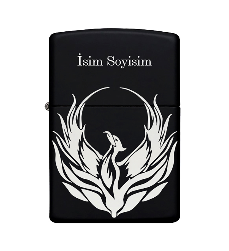 Kuş Desenli Kişiye Özel İsimli Metal Çakmak Benzinli Siyah Zippo Çakmak