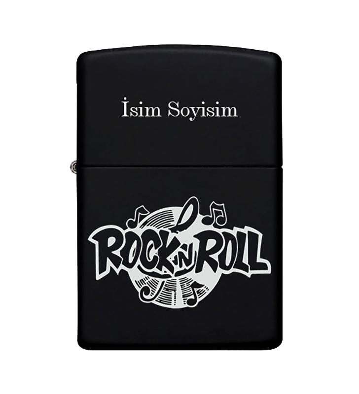 RockN Roll Desenli Kişiye Özel İsimli Metal Çakmak Benzinli Siyah Zippo Çakmak