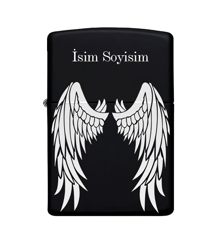 Kanat Desenli Kişiye Özel İsimli Metal Çakmak Benzinli Siyah Zippo Çakmak