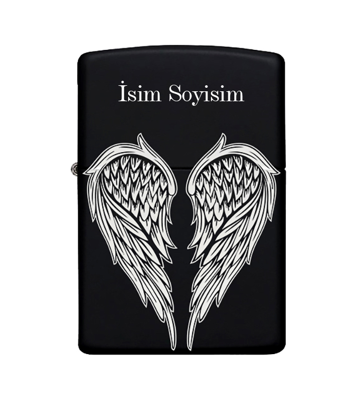 Kanat Desenli Kişiye Özel İsimli Metal Çakmak Benzinli Siyah Zippo Çakmak