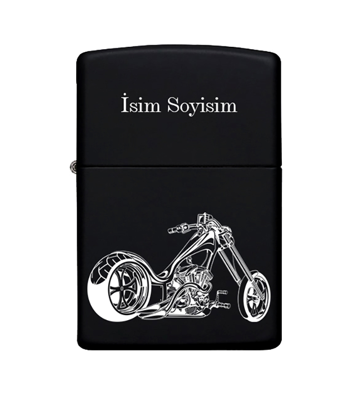 Motor Desenli Kişiye Özel İsimli Zippo Çakmak Benzinli Siyah Metal Çakmak