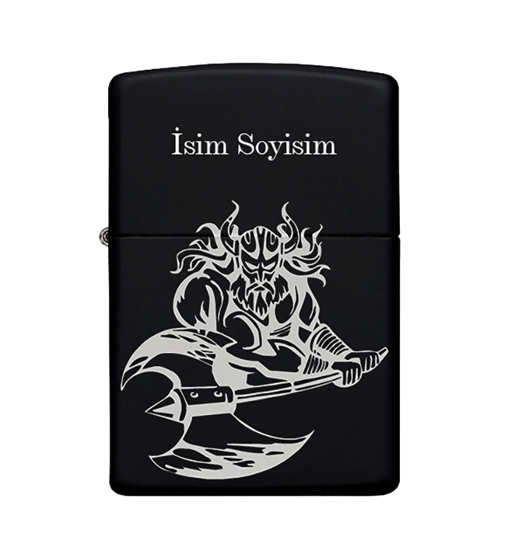 Viking Desenli Kişiye Özel İsimli Zippo Çakmak Benzinli Siyah Metal Çakmak