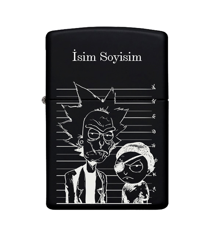 Rick And Morty Desenli Kişiye Özel İsimli Zippo Çakmak Benzinli Siyah Metal Çakmak