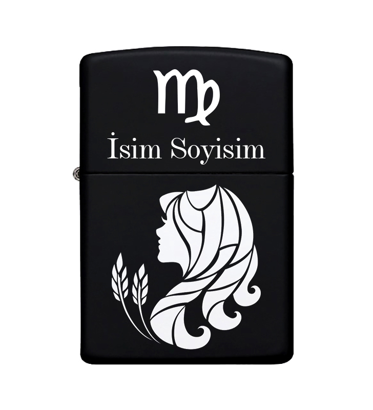 Başak Burcu Desenli Kişiye Özel Burç İsimli Benzinli Siyah Metal Zippo Çakmak 