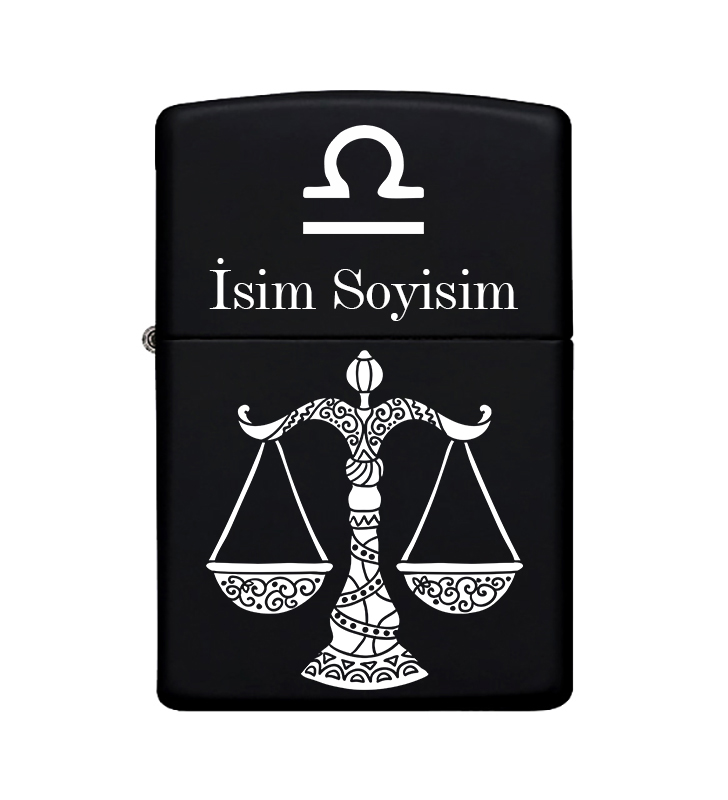 Terazi Burcu Desenli Kişiye Özel Burç İsimli Benzinli Siyah Metal Zippo Çakmak 