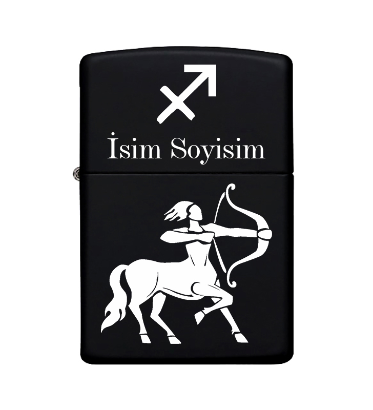 Yay Burcu Desenli Kişiye Özel Burç İsimli Benzinli Siyah Metal Zippo Çakmak 