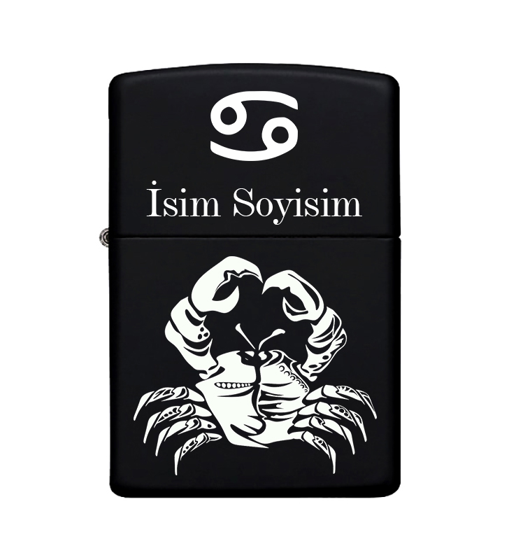 Yengeç Burcu Desenli Kişiye Özel Burç İsimli Benzinli Siyah Metal Zippo Çakmak 