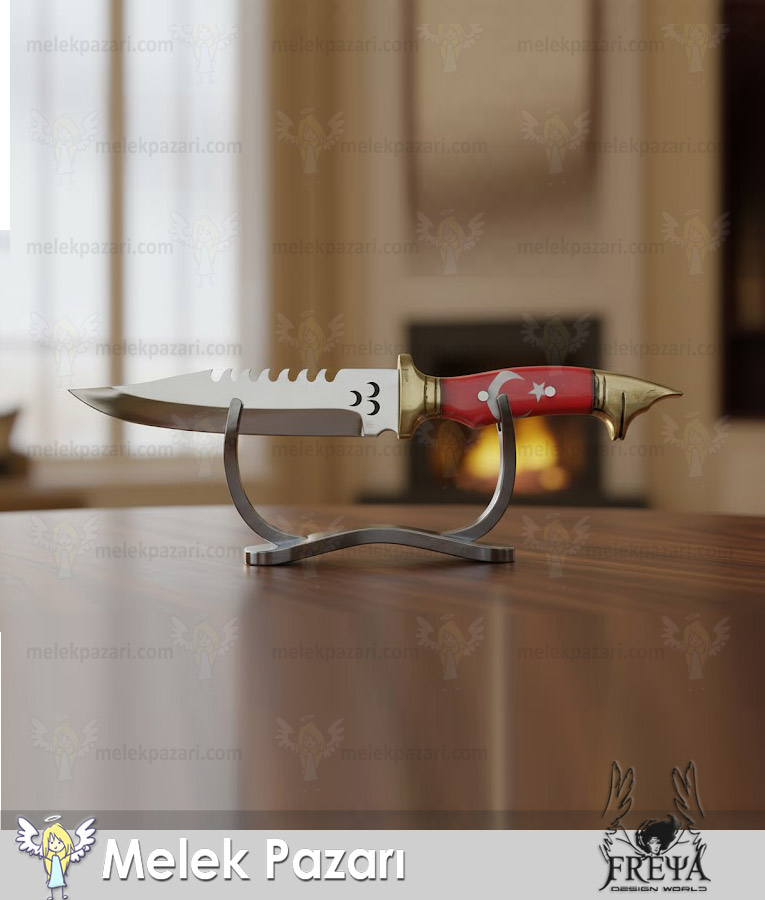 TÜRK Bayrağı Desenli Kurt Başlı Avcı Bıçağı, Kamp Bıçağı