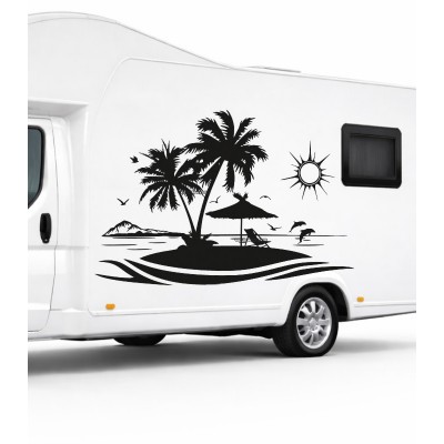 Palmiye, Güneş ve yunuslar, Kamp, Karavan Sticker - S0999 Palmiye, Güneş ve yunuslar, Kamp, Karavan Sticker - S0999