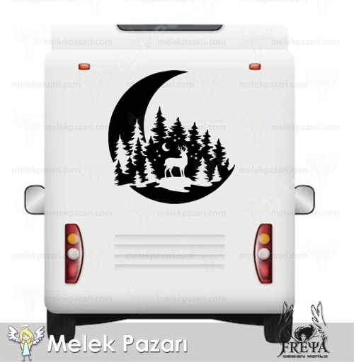 Ay Manzarası Geyik ve Orman Karavan Sticker. Off Road Çıkartmaları