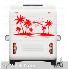 Palmiye ve Martlılar Deniz Manzarası karavan Sticker 