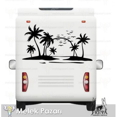 Palmiye ve Martlılar Deniz Manzarası karavan Sticker