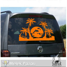 Gün Batımı Manzarası Palmiye ve Yunuslar Karavan Sticker 