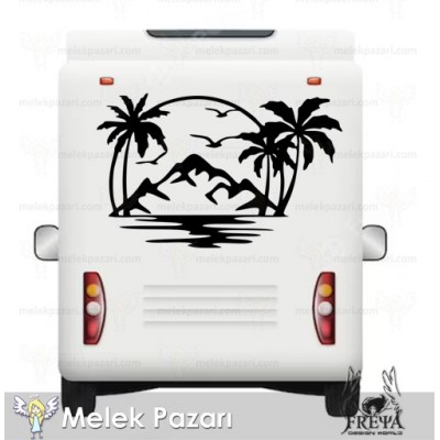 Deniz Manzarası Palmiye Karavan Sticker, Karavan Çıkartmaları