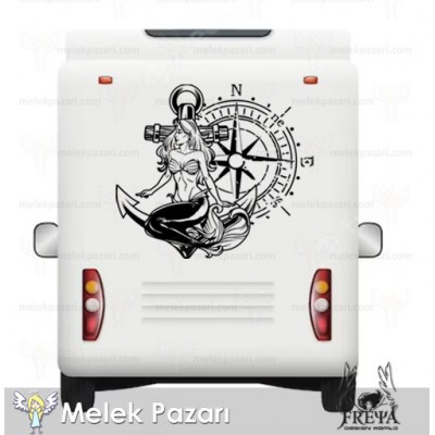 Denizkızı Pusula Karavan Sticker. Denizkızı Tekne Çıkartma