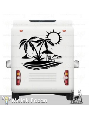 Palmiye ve Yunuslar Manzara Karavan Sticker. Karavan Çıkartmaları