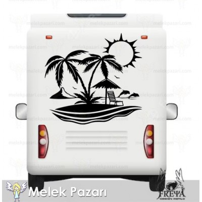 Palmiye ve Yunuslar Manzara Karavan Sticker. Karavan Çıkartmaları