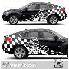 Kuru Kafa İskelet Damalı Yarış Bayrağı Araba Yan Gövde Çamurluk Sticker 