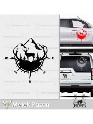 Geyik, Dağ ve Pusula Off Road Karavan Sticker. Geyik, Dağ ve Pusula Off Road Karavan Sticker.