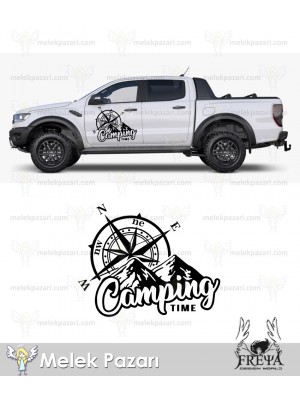 Camping Time Dağ Manzarası Pusula Karavan Sticker. Kamp Pusula Çıkartması