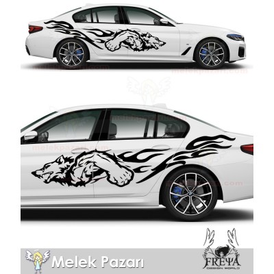 Kurt Alevli Yan Kapı Araba Sticker. Alevli Kurt Oto Arka Çamurluk ve Kapı Çıkartması