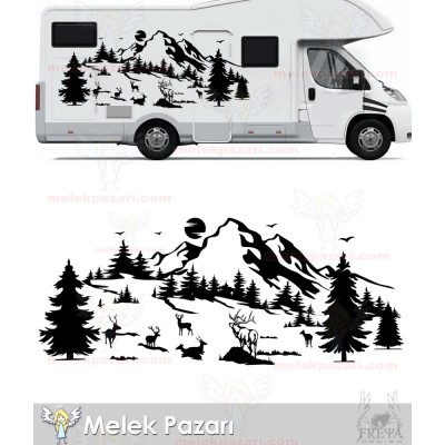 Geyik Sürüsü Karavan Sticker. Geyik Doğa Manzara Kamp Karavan Sticker