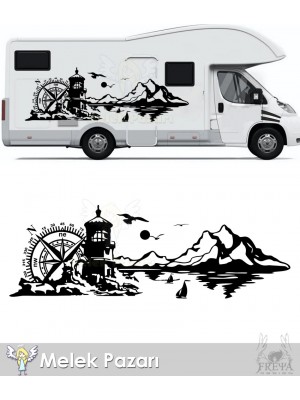 Deniz Feneri Manzara, Pusula Doğa Manzarası Kamp Karavan Sticker Deniz Feneri Manzara, Pusula Doğa Manzarası Kamp Karavan Sticker