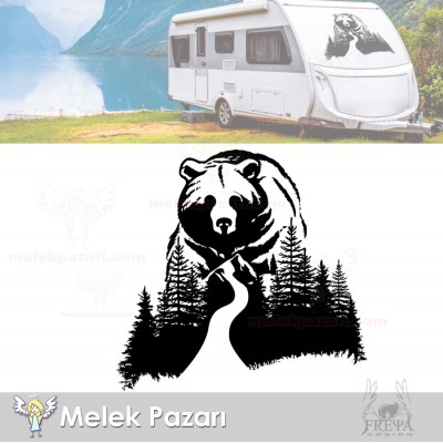 Ayı Orman Manzara Kamp Karavan Sticker, Off Road Sticker