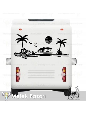 Deniz Manzarası Palmiye ve Balina Karavan Sticker. Karavan Çıkartmaları