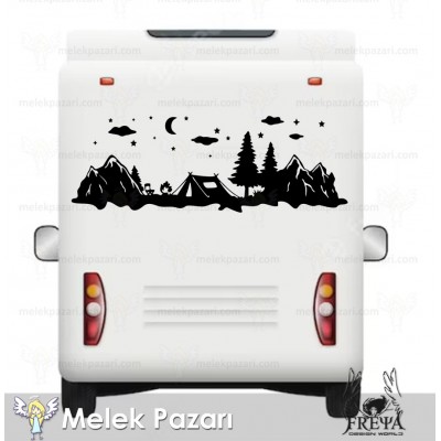 Kamp Çadırı ve Dağ Manzarası Karavan Sticker