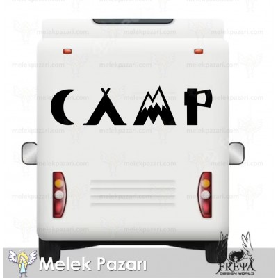 Kamp Doğa Karavan Sticker. AY, Dağ, Çadır ve Balta Karavan Sticker