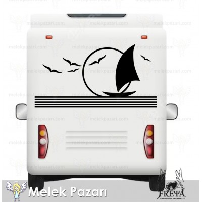 Martılar ve Yelkenli Karavan Sticker. Karavan Çıkartmaları