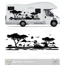 Aslan Karavan Sticker. Afika Doğa Manzarası Kamp Karavan Sticker